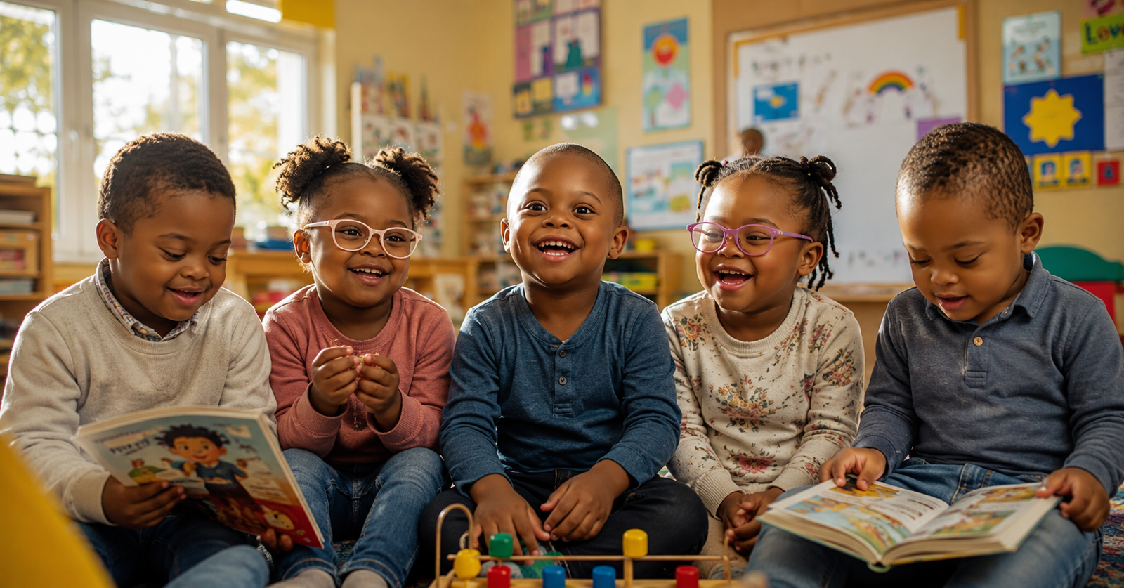 Group of five down syndrome kids