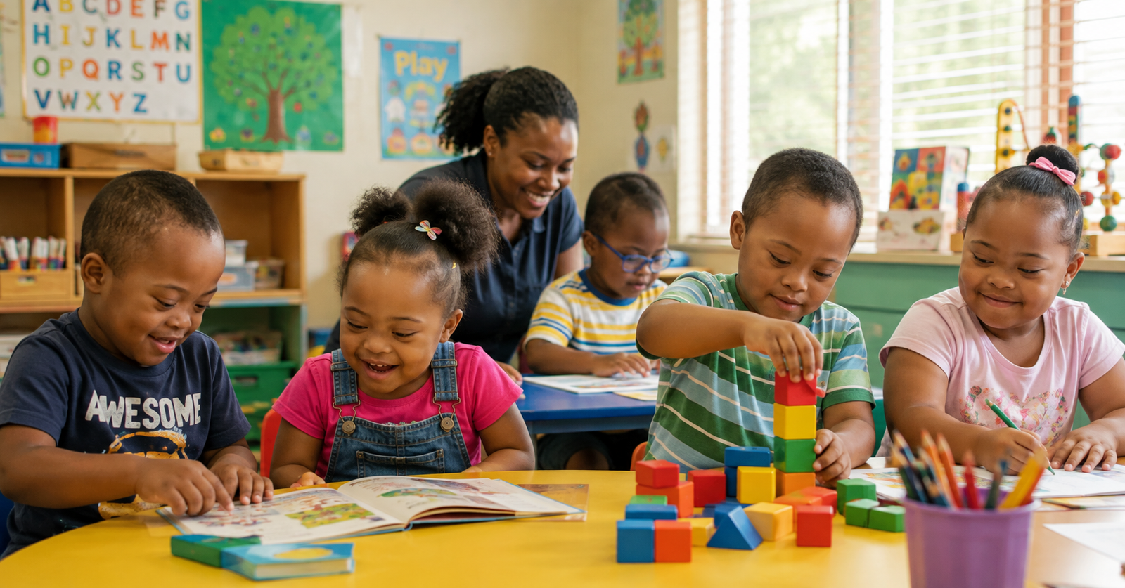 Generated image of kids living with down syndrome in a classroom