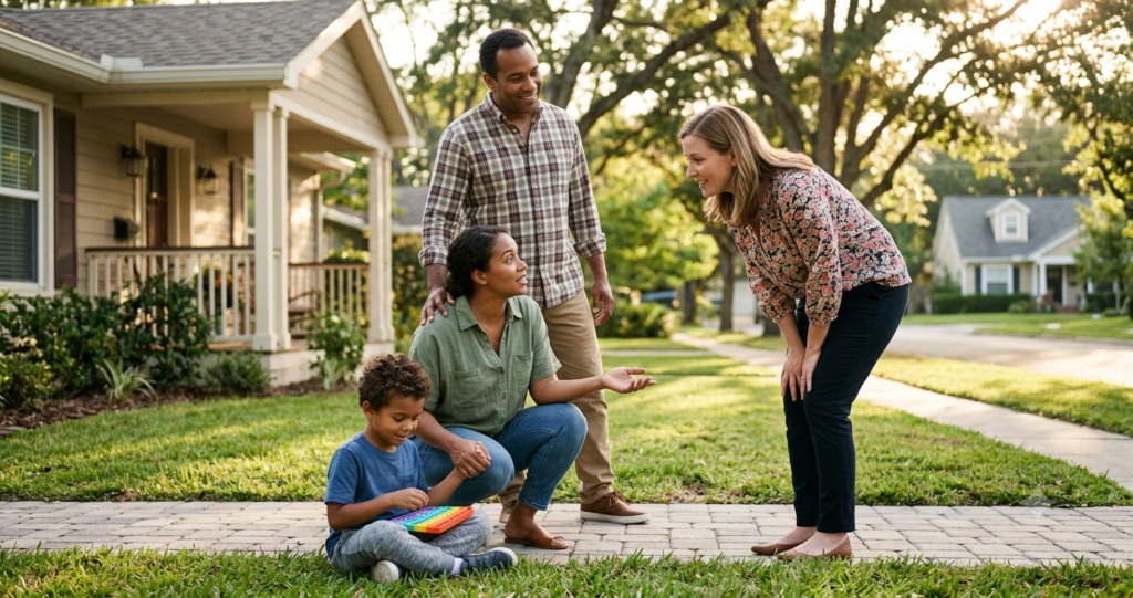 Generated image of parents with an autistic child creating awareness to a neighbour