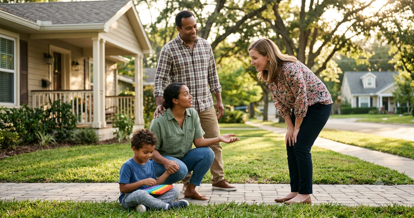 Generated image of parents with an autistic child creating awareness to a neighbour